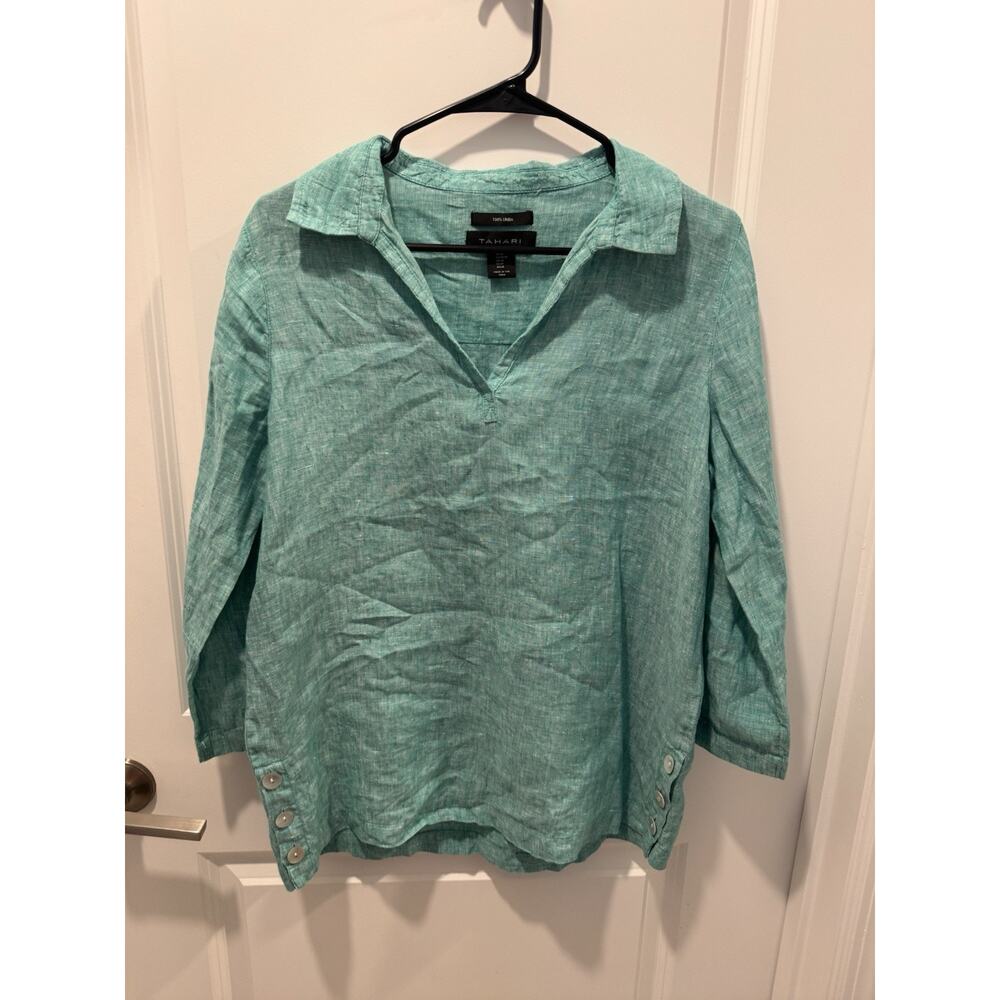 Tahari Womens Teal Green 100% Linen Split Neck Tunic Blouse 3/4 Sleeve Medium